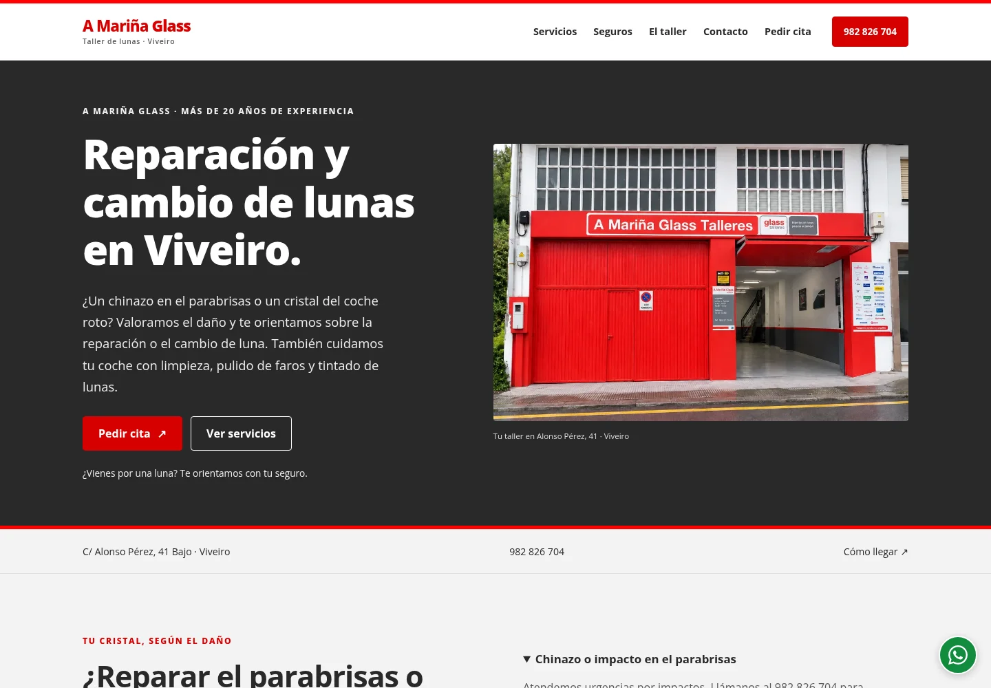 Web de A Mariña Glass: servicios del taller de Viveiro y acceso a la solicitud de cita.