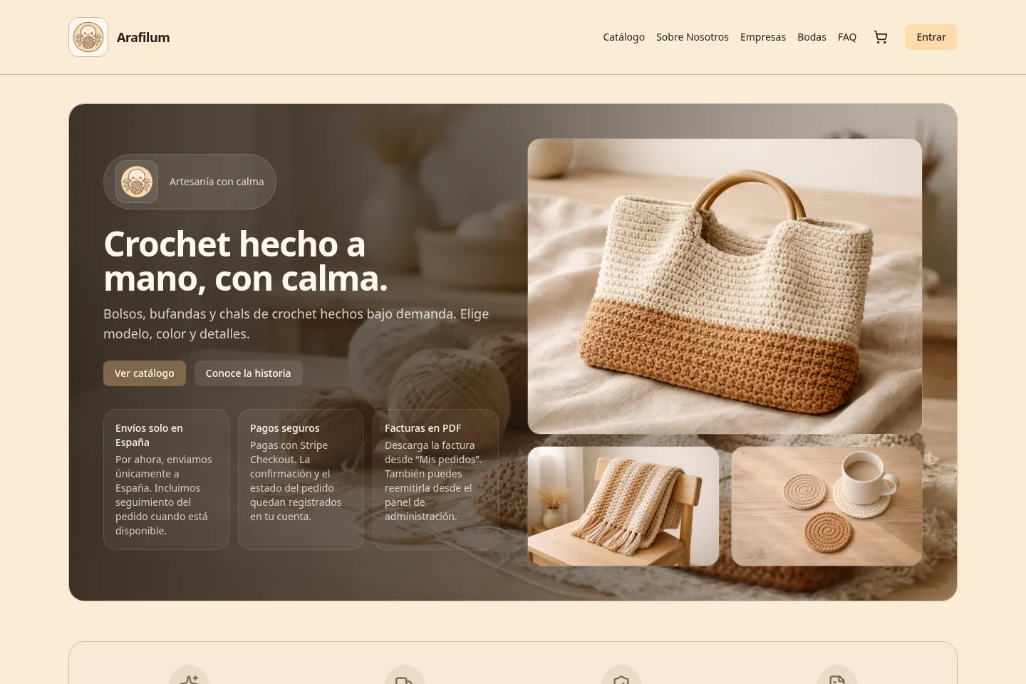 Captura de la home de Arafilum con catálogo artesanal, checkout, mensajes de confianza y navegación de tienda.
