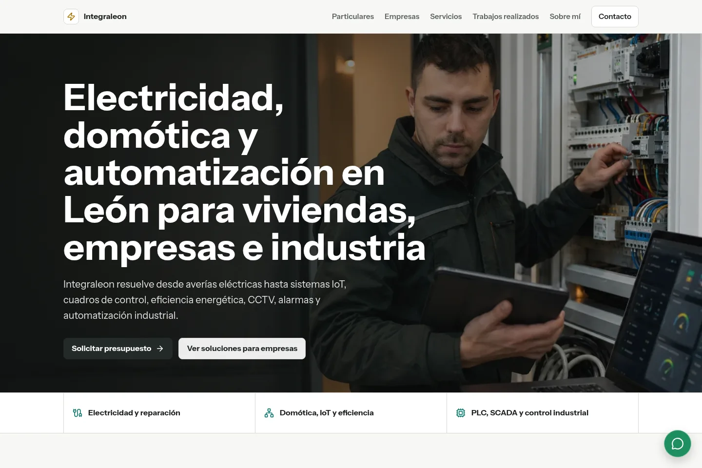 Captura de la home de Integraleon con propuesta de electricidad, domótica y automatización en León.